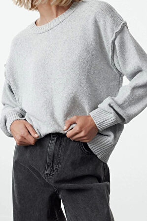 Kadın Moda Şık Bisiklet Yaka Standart Kol Regular Geniş Kalıp Basic Triko Kazak