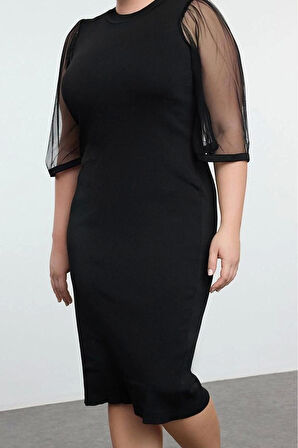 Kadın Moda Şık Büyük Beden Midi Boy Bisiklet Yaka Fitted Kolları Tül Triko Elbise