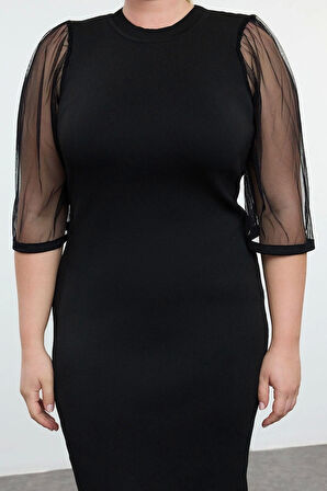 Kadın Moda Şık Büyük Beden Midi Boy Bisiklet Yaka Fitted Kolları Tül Triko Elbise