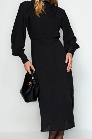 Kadın Moda Şık Midi Boy Degaje Yaka Regular Düz Dokuma Elbise