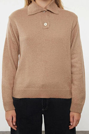 Kadın Moda Şık Polo Yaka Standart Kol Regular Yumuşak Dokulu Geniş Kalıp Triko Kazak