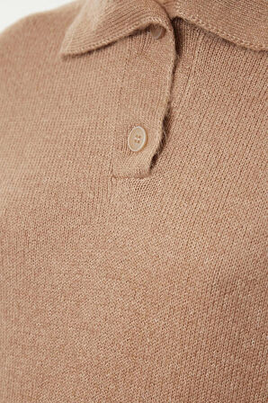 Kadın Moda Şık Polo Yaka Standart Kol Regular Yumuşak Dokulu Geniş Kalıp Triko Kazak