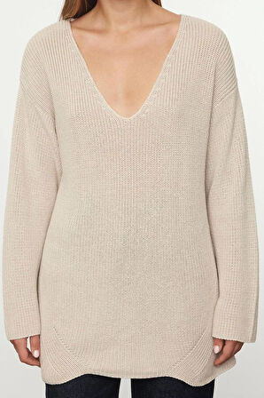Kadın Moda Şık V Yaka Standart Kol Regular Geniş Kalıp Basic Triko Kazak