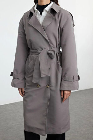 Kadın Moda Şık Oversize Ceket Yaka Uzun Düz Astarlı Oversize Kuşaklı Trençkot