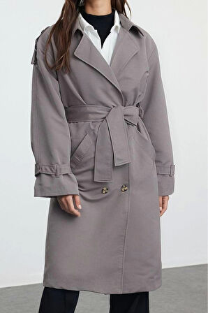 Kadın Moda Şık Oversize Ceket Yaka Uzun Düz Astarlı Oversize Kuşaklı Trençkot