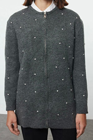 Kadın Tesettür Moda Şık Uzun Bisiklet Yaka Uzun Kol Düz Taş Detaylı Fermuarlı Triko Hırka