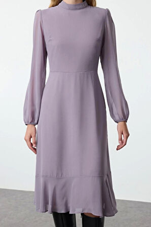 Kadın Moda Şık Midi Boy Dik Yaka Regular Pembe001 Düz Dokuma Kışlık Elbise