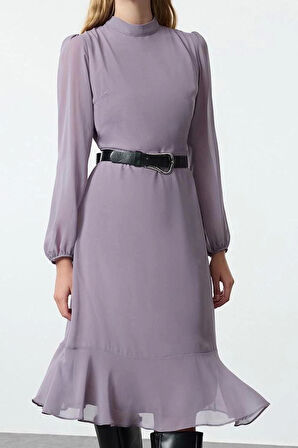 Kadın Moda Şık Midi Boy Dik Yaka Regular Pembe001 Düz Dokuma Kışlık Elbise