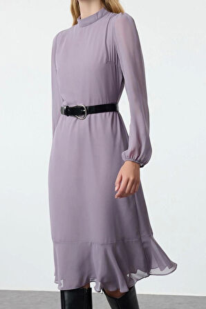 Kadın Moda Şık Midi Boy Dik Yaka Regular Pembe001 Düz Dokuma Kışlık Elbise