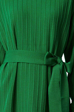 Kadın Moda Şık Tesettür Maxi Boy Dik Yaka Relaxed Kuşaklı Triko Elbise