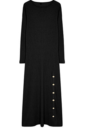 Kadın Moda Şık Tesettür Maxi Boy Bisiklet Yaka Fitted Düğme Detaylı Fitilli Örme Elbise