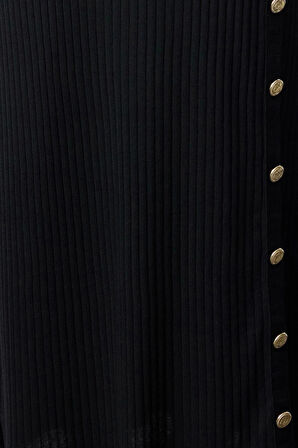 Kadın Moda Şık Tesettür Maxi Boy Bisiklet Yaka Fitted Düğme Detaylı Fitilli Örme Elbise