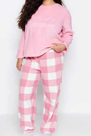 Kadın Büyük Beden Dar Paça Uzun Kol Nakış Detaylı Ekose Kareli Polar Örme Pijama Takımı