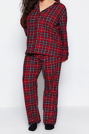 Büyük Beden Kadın Polyester Gömlek Yaka Uzun Kol Ekoseli Gömlek Yaka Yumuşak Tuşe Örme Pijama Takımı