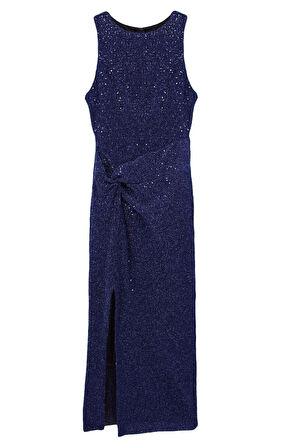 Kadın Moda Şık Midi Boy Halter Yaka Fitted Vücuda Oturan Örme Parıltılı Pul Payet Şık Abiye Elbise