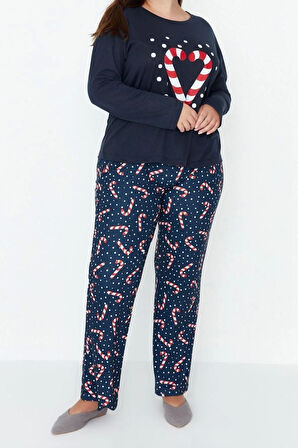 Büyük Beden Kadın Polyester Bisiklet Yaka Uzun Kol Yılbaşı Temalı Örme Pijama Takımı