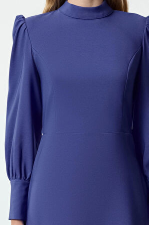 Kadın Moda Şık Mini Boy Dik Yaka Regular A Kesim Eteği Büzgülü Dokuma Elbise