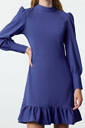 Kadın Moda Şık Mini Boy Dik Yaka Regular A Kesim Eteği Büzgülü Dokuma Elbise