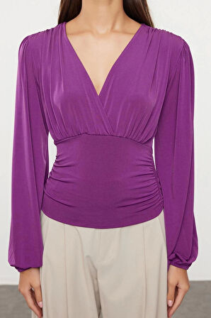 Kadın Moda Şık Regular Kruvaze Yaka Balon Kol Slim Kalıp Örme Büzgü Drape Detaylı Kollu Esnek Bluz