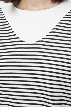 Kadın Moda Şık Bol Bisiklet Yaka Düşük Kol Uzun Çizgili Geniş Kalıp Yaka Kalın Örme Sweatshirt