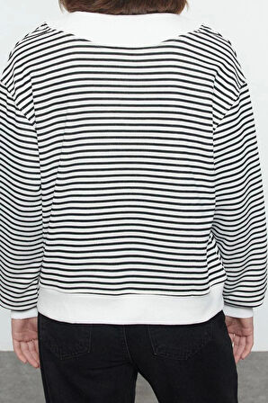 Kadın Moda Şık Bol Bisiklet Yaka Düşük Kol Uzun Çizgili Geniş Kalıp Yaka Kalın Örme Sweatshirt
