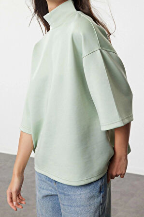 Kadın Moda Şık Oversize Dik Yaka Düşük Kol Uzun Geniş Kalıp Truvakar Kol Örme Sweatshirt