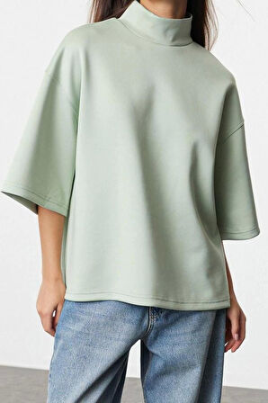 Kadın Moda Şık Oversize Dik Yaka Düşük Kol Uzun Geniş Kalıp Truvakar Kol Örme Sweatshirt