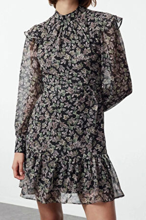 Kadın Moda Şık Mini Boy Dik Yaka Regular Geometrik Dokuma Kışlık Elbise