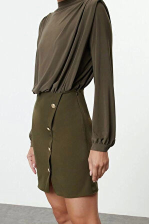 Kadın Moda Şık Mini Boy Dik Yaka Regular Düz Vatkalı Dokuma Elbise