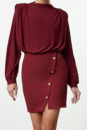 Kadın Moda Şık Mini Boy Dik Yaka Regular Düz Vatkalı Dokuma Elbise