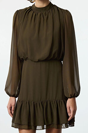 Kadın Moda Şık Mini Boy Dik Yaka Regular Eteği Volanlı Şifon Dokuma Kışlık Elbise