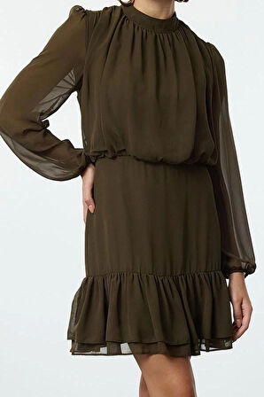 Kadın Moda Şık Mini Boy Dik Yaka Regular Eteği Volanlı Şifon Dokuma Kışlık Elbise