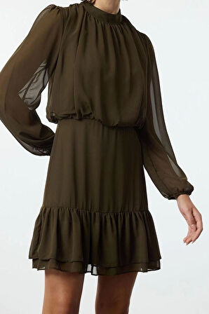 Kadın Moda Şık Mini Boy Dik Yaka Regular Eteği Volanlı Şifon Dokuma Kışlık Elbise