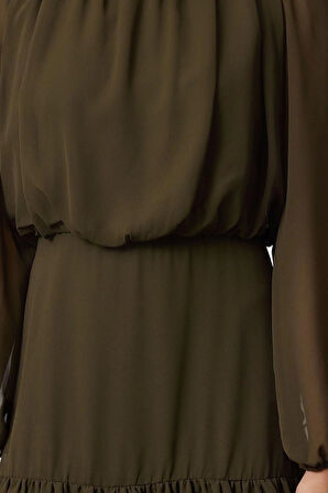 Kadın Moda Şık Mini Boy Dik Yaka Regular Eteği Volanlı Şifon Dokuma Kışlık Elbise