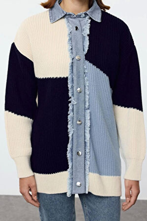 Kadın Tesettür Moda Şık Uzun Gömlek Yaka Uzun Kol Renk Bloklu Denim Kumaşlı Triko Hırka