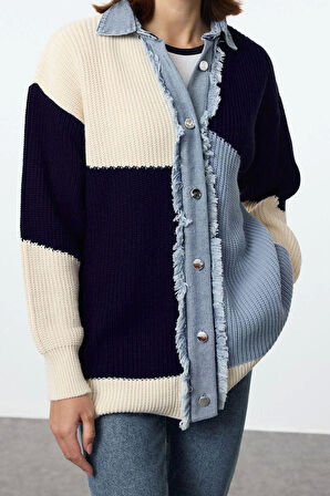 Kadın Tesettür Moda Şık Uzun Gömlek Yaka Uzun Kol Renk Bloklu Denim Kumaşlı Triko Hırka