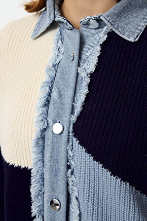 Kadın Tesettür Moda Şık Uzun Gömlek Yaka Uzun Kol Renk Bloklu Denim Kumaşlı Triko Hırka