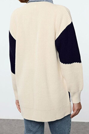 Kadın Tesettür Moda Şık Uzun Gömlek Yaka Uzun Kol Renk Bloklu Denim Kumaşlı Triko Hırka