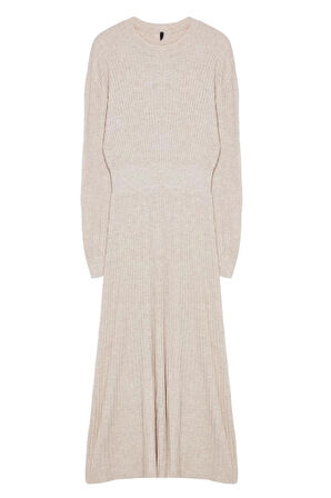 Kadın Moda Şık Tesettür Uzun Bisiklet Yaka Fitted Piliseli Triko Elbise