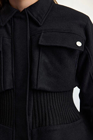 Kadın Moda Şık Bol Gömlek Yaka Standart Düz Astarlı Belde Triko Detaylı Kaşe İnce Ceket Mont