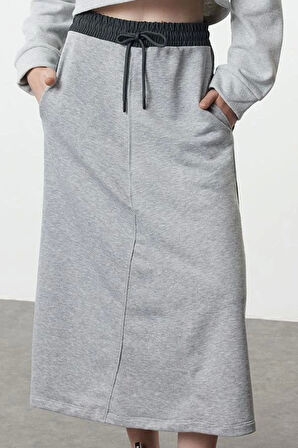 Kadın Moda Stil Maxi Astarsız Örme Paraşüt Detaylı Lastik Bel Relaxed Rahat Kalıp Midi Etek