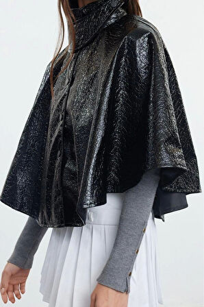 Kadın Moda Şık Bol Dik Yaka Standart Düz Astarlı Oversize Parlak Pelerin Mont