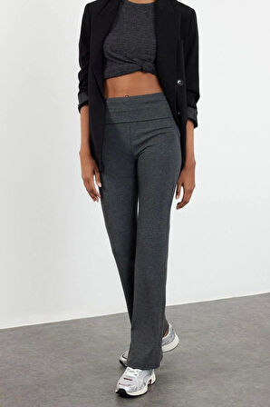 Kadın İspanyol Paça Regular Boy Örme Flare İspanyol Paça Bel Detaylı Esnek Interlok Örme Pantolon