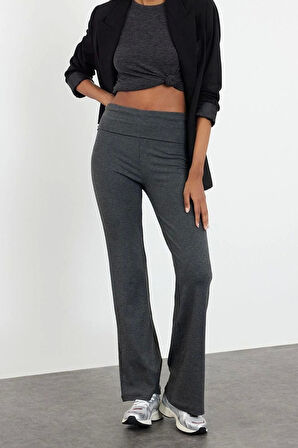 Kadın İspanyol Paça Regular Boy Örme Flare İspanyol Paça Bel Detaylı Esnek Interlok Örme Pantolon