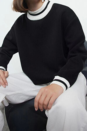 Kadın Bisiklet Yaka Düşük Kol Crop Rahat Kalıp Triko Yakalı İçi Polarlı Kalın Örme Sweatshirt