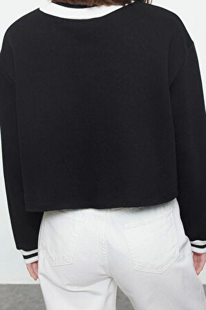 Kadın Bisiklet Yaka Düşük Kol Crop Rahat Kalıp Triko Yakalı İçi Polarlı Kalın Örme Sweatshirt