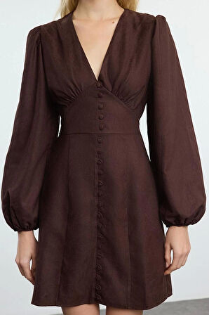 Kadın Moda Şık Mini Boy V Yaka Regular Düz Dokuma Elbise