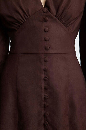 Kadın Moda Şık Mini Boy V Yaka Regular Düz Dokuma Elbise