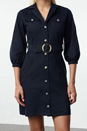 Kadın Moda Şık Mini Boy Ceket Yaka Regular Düz Kemerli Ceket Düğme Detaylı Dokuma Elbise