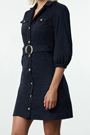 Kadın Moda Şık Mini Boy Ceket Yaka Regular Düz Kemerli Ceket Düğme Detaylı Dokuma Elbise